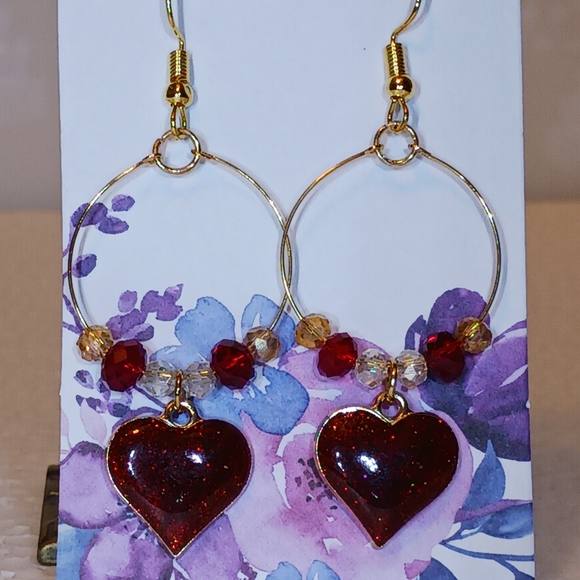 Earrings Enameled Red heart charm & crystals on gold-plated wire ring & earwire. - Picture 3 of 6